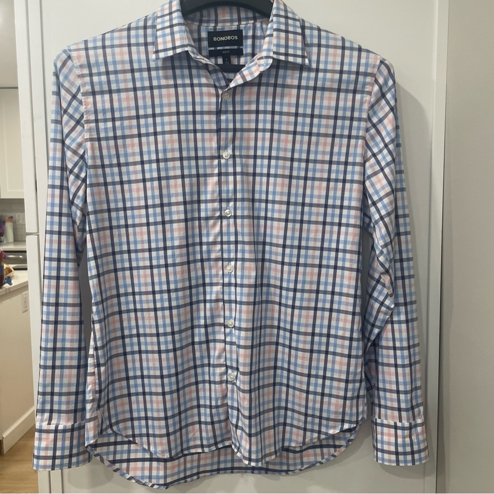 Bonobos Button Down Dress Shirt Blue Pink Plaid Large Slim Fit Preppy